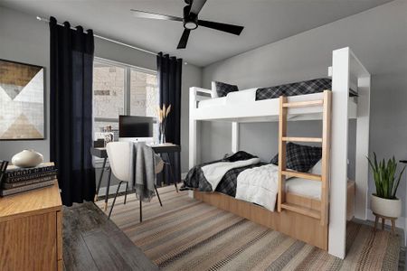 Bedroom with ceiling fan and wood-type flooring