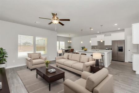 Discover the beauty of open-concept living in this expansive space that effortlessly blends the living room, dining area, and kitchen. The layout is designed to foster connection, with modern pendant lighting illuminating the sleek, white kitchen, complete with stainless steel appliances and a spacious breakfast bar. This harmonious flow from one area to another makes it an entertainer's dream. **This image is from another Saratoga Home with similar floor plan and finishes, not the Hera floorplan.**