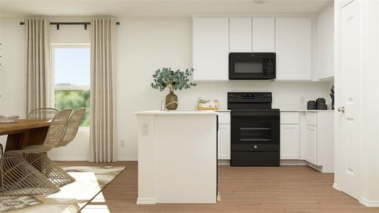 Kitchen with white cabinets, light hardwood / wood-style floors, and black appliances