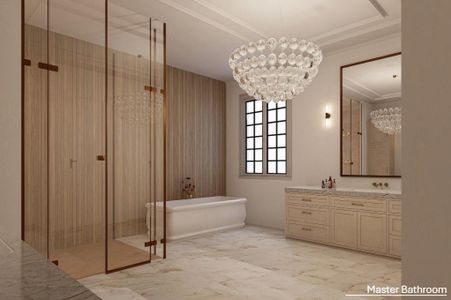 Bathroom with a notable chandelier, vanity with extensive cabinet space, tile flooring, ornamental molding, and plus walk in shower