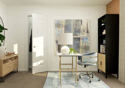 Rendering of the office with a white desk
  and decorative shelving. This room also has a light brown console.