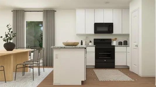 Kitchen with white cabinets, electric range oven, and light hardwood / wood-style floors