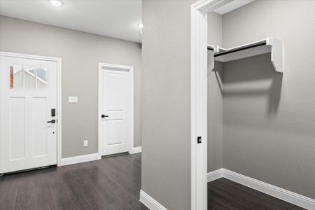 Entrance foyer featuring dark wood-type flooring