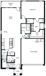 D.R. Horton's Macon floorplan, 1st floor - All Home and community information, including pricing, included features, terms, availability and amenities, are subject to change at any time without notice or obligation. All Drawings, pictures, photographs, video, square footages, floor plans, elevations, features, colors and sizes are approximate for illustration purposes only and will vary from the homes as built.