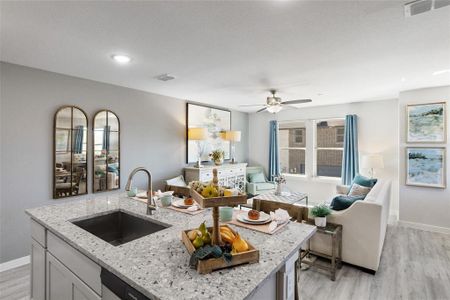 Kitchen with light stone countertops, ceiling fan, light hardwood / wood-style floors, and sink