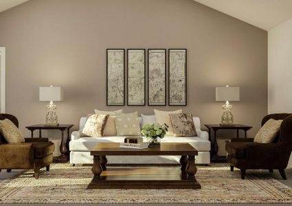 Rendering of the spacious open floor plan featuring large living room furniture and décor with carpet flooring throughout.