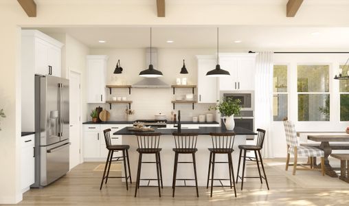 Kitchen with pendant lighting and floating shelves