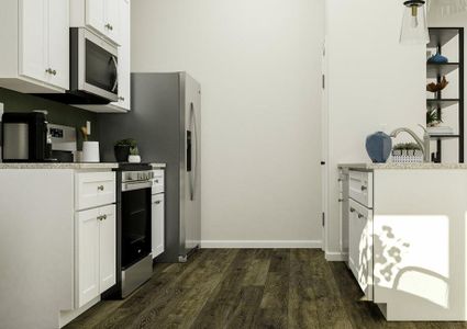 Rendering of the
  kitchen featuring white cabinetry, stainless steel appliances, and luxury
  vinyl plank flooring throughout.