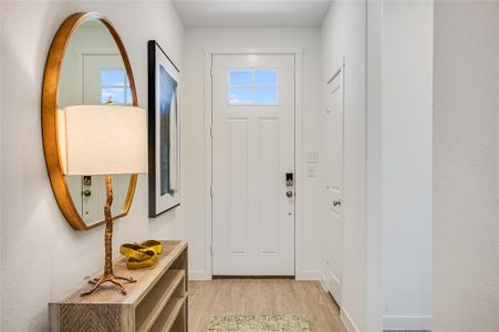 Doorway to outside with light wood-type flooring and a healthy amount of sunlight