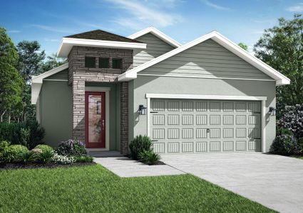 One-story home with siding and stone, a covered front porch and a long driveway.