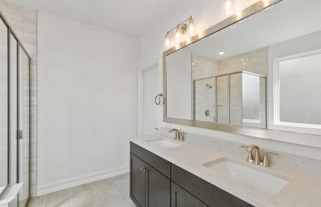 Elegant owner's bathroom with dual vanity *real home pictured