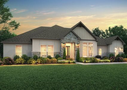 The Stratton plan dusk rendering with stucco and stone accents.