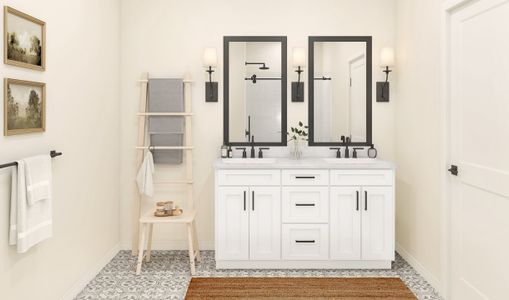 Primary bath with freestanding vanity