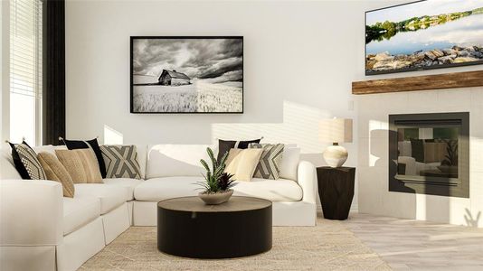 Living room featuring light hardwood / wood-style flooring and a tile fireplace