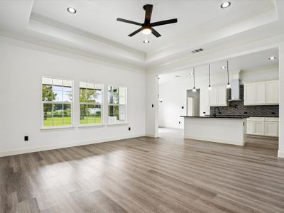 Unfurnished living room with light hardwood / wood-style flooring, ceiling fan, and a raised ceiling