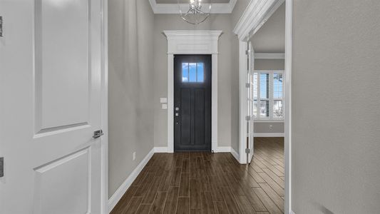 Foyer entrance featuring crown molding, a notable chandelier, and dark wood-type flooring