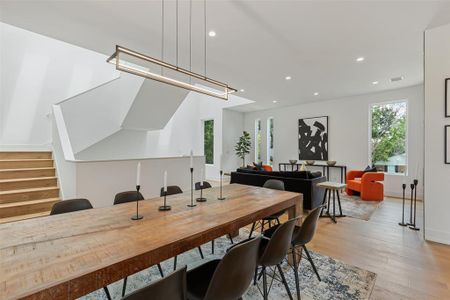 This home is architecturally stunning in person. The staircase pictured here is a dynamic sculpture that floats from the entry to the roof deck. I't lit by a series of skylights that cast sun and shadow throughout the space that change hour by hour.