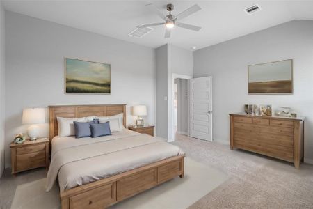 Come and unwind after a long day in this magnificent primary suite! This spacious room features plush carpet, warm paint, high ceilings, ceiling fan and large windows with privacy blinds.