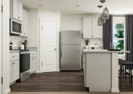 Rendering of the kitchen with vinyl plank
  flooring, white cabinetry and stainless steel appliances.