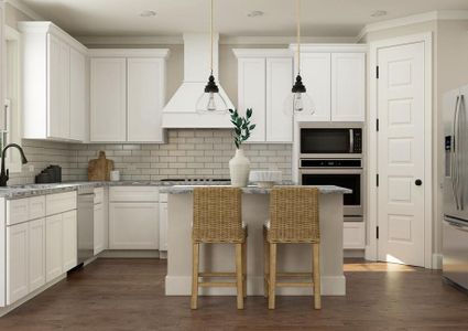 Rendering of kitchen with white cabinetry
  and stainless-steel appliances.Â