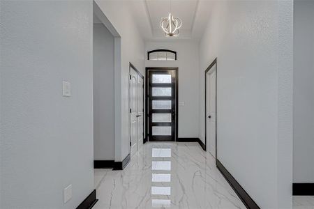 Step into the grand entrance featuring sleek modern tall door and a spacious double-door coat closet.