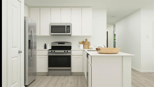 Kitchen featuring kitchen peninsula, white cabinetry, light hardwood / wood-style flooring, and stainless steel appliances