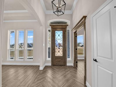 Foyer entrance featuring ornamental molding, a chandelier, and plenty of natural light