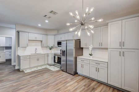 Kitchen featuring light hardwood / wood-style flooring, stainless steel appliances, sink, decorative light fixtures, and decorative backsplash