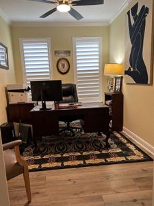 Office space featuring hardwood / wood-style flooring, ornamental molding, plenty of natural light, and ceiling fan