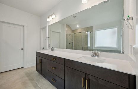 Elegant owner's bathroom with dual vanity  *real home pictured