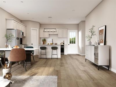 Spacious kitchen features white cabinetry, crown molding, quartz countertops, stainless steel appliances and a center island with pendant lights and bar-top seating. Example photo, virtually staged