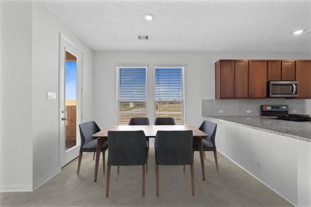 Start your day off right with a cup of coffee sitting with your family in the lovely breakfast/dining area! Featuring large windows with blinds, custom neutral paint, tile flooring, recessed lighting and high ceilings!