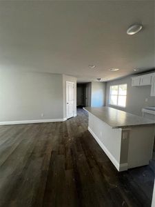 Kitchen with a center island, white cabinets, and dark wood-type flooring