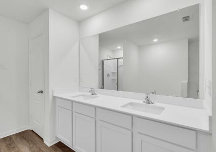 The master bathroom includes a dual sink, shower and bathtub