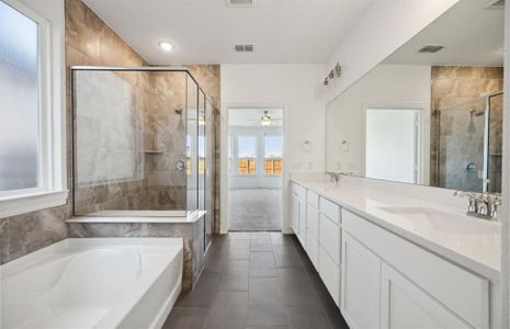 Elegant owner's bathroom with dual vanity and oversized shower *real home pictured