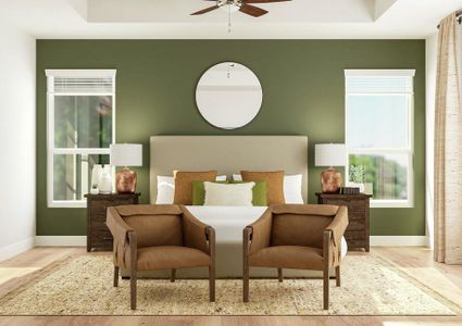 Rendering of the master bedroom focusing
  on two leather accent chairs sitting at the foot of a large bed. Two copper
  table lamps sit on nightstands in front of a green accent wall that features
  two large windows.