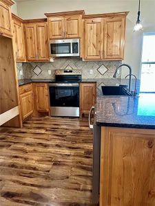 Kitchen with pendant lighting, dark wood-type flooring, stainless steel appliances, dark stone counters, and sink