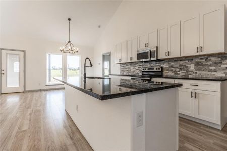 Kitchen with white cabinets, stainless steel appliances, a chandelier, sink, and a center island with sink