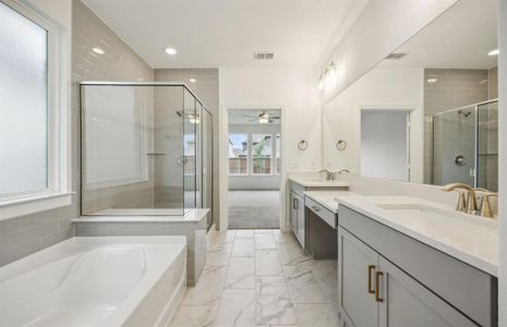 Elegant owner's bathroom with dual vanity *real home pictured