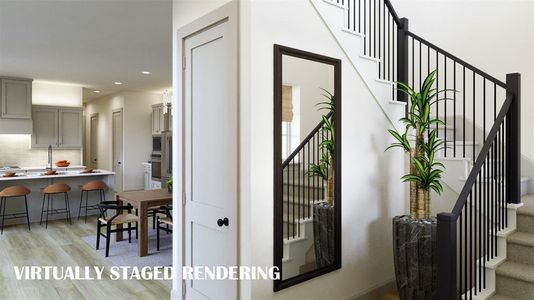 This stunning, wrap around stair case greets family and friends as they enter your new dream home!  VIRTUALLY STAGED RENDERING