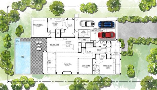 Artist Rendering of 1st Floor on Site Plan. Pool and Backyard sod not included in home.