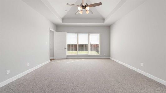 Unfurnished room featuring light carpet, a raised ceiling, vaulted ceiling, and ceiling fan