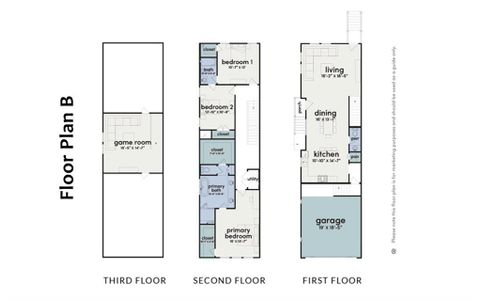 Floor Plan B spans 2,443 sq ft, with the 1st floor hosting the living, dining, and kitchen spaces, the 2nd floor dedicated to all bedrooms, and the 3rd floor featuring a flexible room.