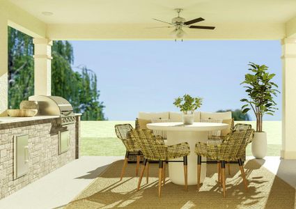 Rendering of backyard patio showing a
  built in grill and sink along the left side and outdoor furniture centered
  below a ceiling fan.