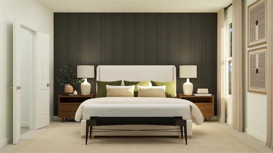 Bedroom featuring an accent wall, light colored carpet, and baseboards