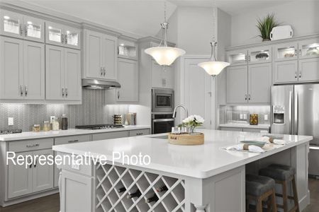 Kitchen with decorative light fixtures, stainless steel appliances, a center island with sink, tasteful backsplash, and a kitchen breakfast bar