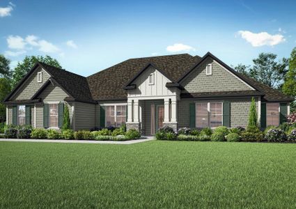 The Mantle plan is a gorgeous one-story home with siding and stone details.