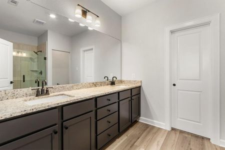 The master bathroom features large double sink vanity with lots of cabinet storage.