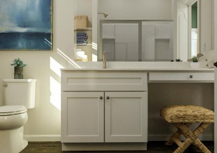 Rendering of the
  owner's bathroom featuring a white vanity, stool, toilet, décor, and wood
  look flooring throughout.