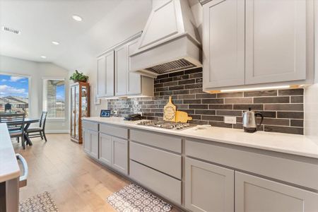 Upgraded cabinets with under-cabinet lighting, soft-close hinges, stacked built-in oven and microwave and standalone vent hood